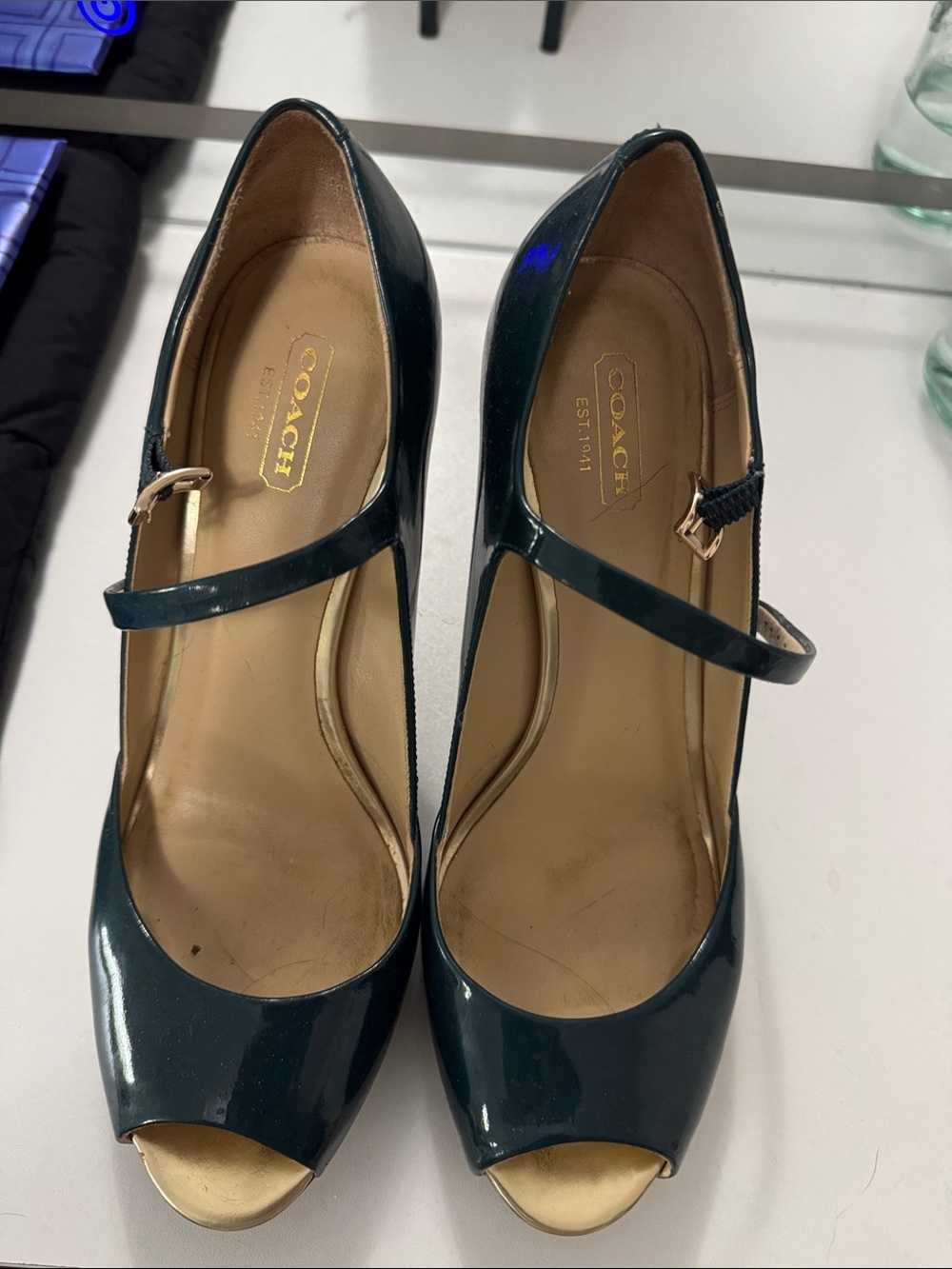 COACH Teal Patent Leather Mary Jane Peep-Toe Heels